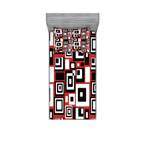 Abstract Fitted Sheet & Pillow Sham Set, Minimalist Geometric Retro Rectangle Forms Nostalgia Art Print, Decorative Printed 4 Piece Bedding Decor Set, Twin, Vermilion and Charcoal Grey, by Ambesonne
