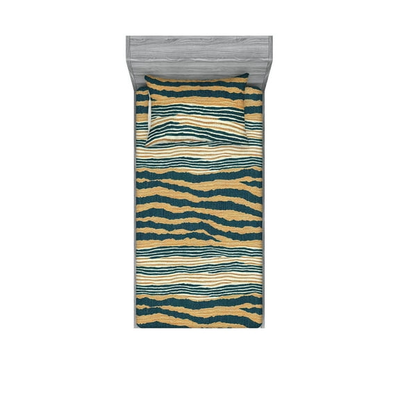 Abstract Fitted Sheet & Pillow Sham Set, Modern Grunge Effect Irregular Stripes Detailed Ornament Weathered, Decorative Printed 2 Piece Bedding Decor, Twin, Dark Teal and Sand Brown, by Ambesonne