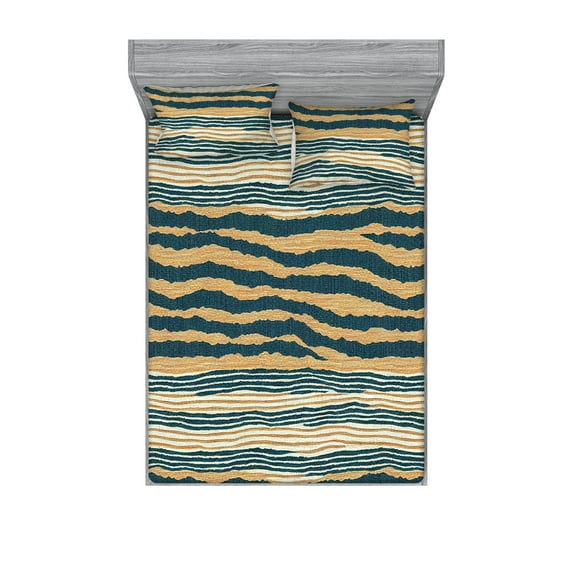 Abstract Fitted Sheet & Pillow Sham Set, Modern Grunge Effect Irregular Stripes Detailed Ornament Weathered, Decorative Printed 3 Piece Bedding Decor, Full, Dark Teal and Sand Brown, by Ambesonne