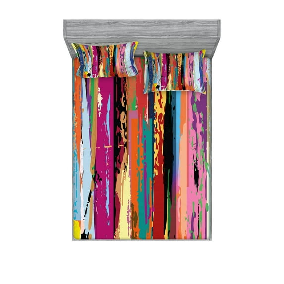 Abstract Fitted Sheet & Pillow Sham Set, Multicolored Expressionist Work of Art Vibrant Rainbow Design Tainted Pattern, Decorative Printed 6 Piece Bedding Decor Set, Calking, Multicolor, by Ambesonne