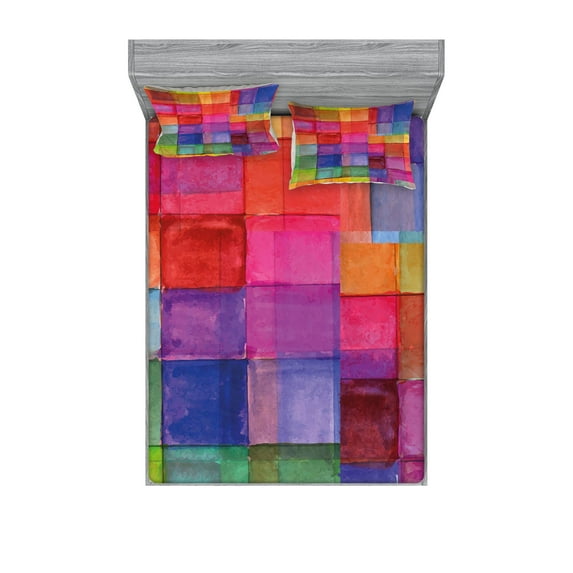Abstract Fitted Sheet & Pillow Sham Set, Rainbow Colored Geometric Square Shaped Blurry Effects Watercolor Design, Decorative Printed 6 Piece Bedding Decor Set, Full, Multicolor, by Ambesonne