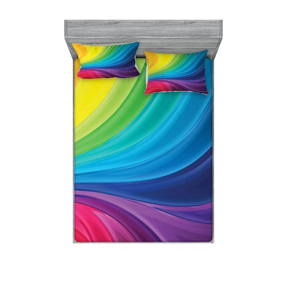 Abstract Fitted Sheet & Pillow Sham Set, Abstract Smooth Rainbow Inspired Curvy Lines Pattern Spiral Wavy Soft Spray Art, Decorative 6 Piece Bedding Decor Set, Calking, Multicolor, by Ambesonne