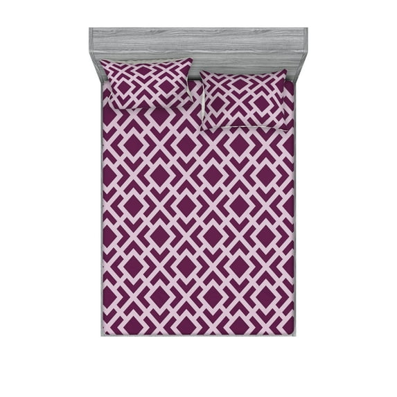 Abstract Fitted Sheet & Pillow Sham Set, Squares Geometric Maze Shapes Orderly Repeated Pattern Artwork in Winery Colors, Decorative Printed 3 Piece Bedding Decor, Queen, Purple Lilac, by Ambesonne