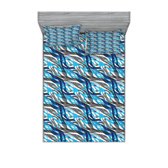 Abstract Fitted Sheet & Pillow Sham Set, Surreal Expressionism Inspired Image Modern Art Stripes Swirls Waves Trippy, Decorative Printed 6 Piece Bedding Decor Set, Queen, Grey Blue White, by Ambesonne