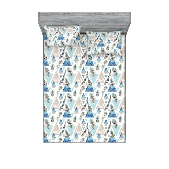 Abstract Fitted Sheet & Pillow Sham Set, Triangles with Oceanic Style and Feathers Hippie Boho Modern Look, Decorative Printed 3 Piece Bedding Decor, Queen, Sea Blue and Warm Taupe, by Ambesonne