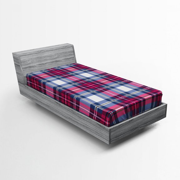Abstract Fitted Sheet, Plaid Pattern with Vintage Scottish Effects Illustration Art, Soft Decorative Fabric Bedding, Twin XL Size, Pink Dark Blue, by Ambesonne