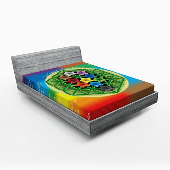 Abstract Fitted Sheet, Tree of Life Chart with Chakra and Universe Flowers Yoga Pattern, Soft Decorative Fabric Bedding, Full Size, Multicolor, by Ambesonne