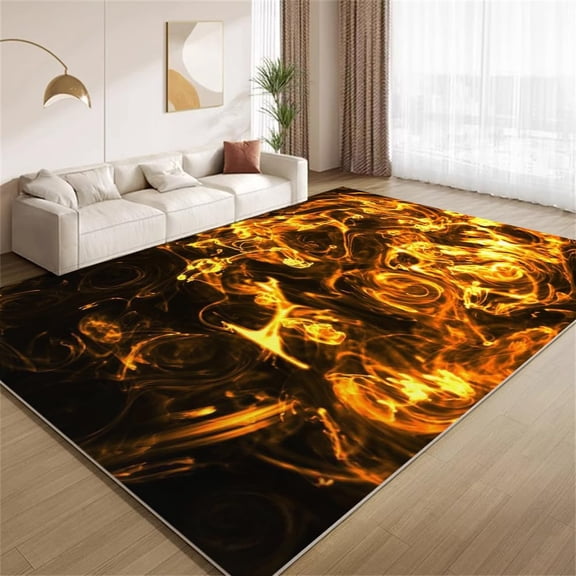 Abstract Flame Area Rugs, Burnt Orange Black Gold Carpet, Washable Non Slip Low Pile Soft Rug for Living Room Bedroom Study Decor Mat 3ftx5ft