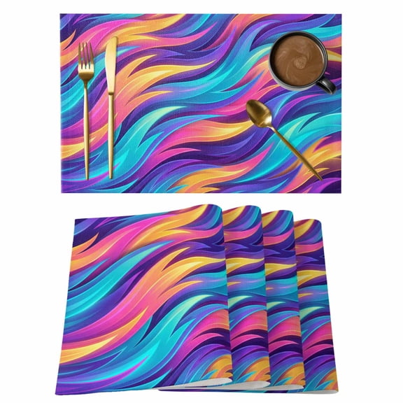 Abstract Flame Art Placemats Set of 12 Blue Purple Yellow Ombre Feather Place Mats Indoor Wipeable Table Mats Washable Cloth Dining Table Placemats for Kitchen Holiday Party Home Decor 13x19 Inch