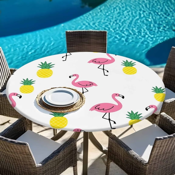 Abstract Flamingo Sketch Pineapples Round Fitted Tablecloth with Elastic Edge,Waterproof Table Cloth Fits 45"-54",Wipeable Table Cover for Indoor Outdoor Dinning,Watercolor Animal Pattern Fruit