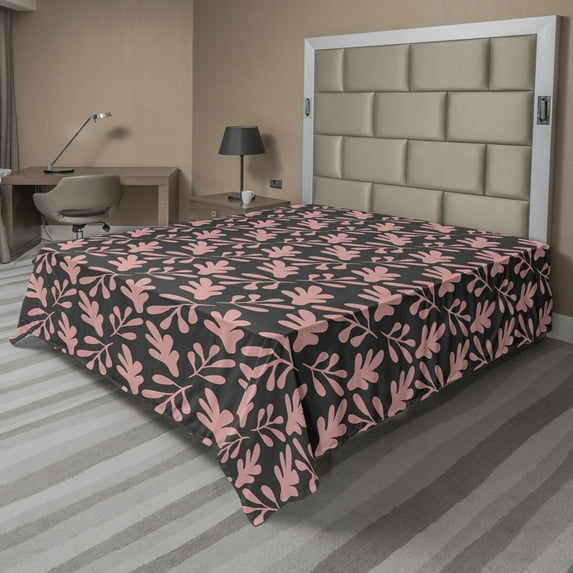 Abstract Flat Sheet, Bold Silhouettes of Leafy Branches Botanical Graphical Organic Plants, Soft Comfortable Top Sheet Decorative Bedding 1 Piece, 6 Sizes, Dark Grey and Pale Pink, by Ambesonne