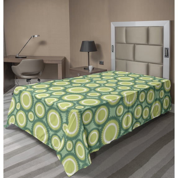 Abstract Flat Sheet, Circular Dandelion Like Petals Round Blowing Blooms Pattern Nature Tones, Soft Comfortable Top Sheet Decorative Bedding 1 Piece, 6 Sizes, Pale Green and Teal, by Ambesonne