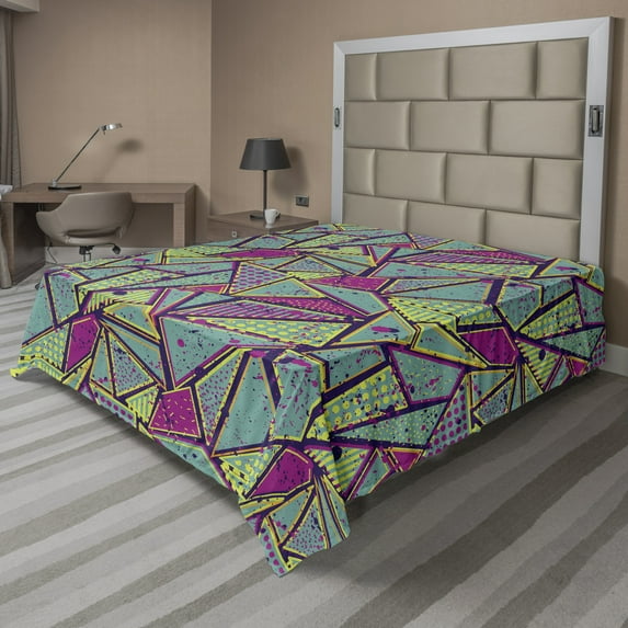 Ambesonne Abstract Flat Sheet, Dots Stripes Composition, California King, Multicolor