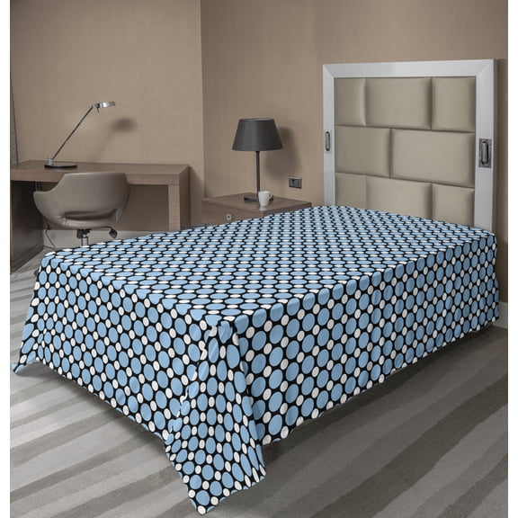 Abstract Flat Sheet, Composition of Connected Lines Symmetrical Dots Retro Style Motifs Pattern, Soft Comfortable Top Sheet Decorative Bedding 1 Piece, 6 Sizes, White and Blue, by Ambesonne