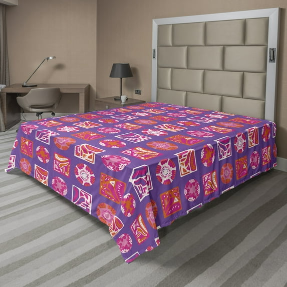 Abstract Flat Sheet, Contemporary Patchwork Style Geometric Forms with Inner Flower Bouquets, Soft Comfortable Top Sheet Decorative Bedding 1 Piece, 6 Sizes, Orange Violet Pink, by Ambesonne