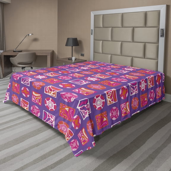Abstract Flat Sheet, Contemporary Patchwork Style Geometric Forms with Inner Flower Bouquets, Soft Comfortable Top Sheet Decorative Bedding 1 Piece, 6 Sizes, Orange Violet Pink, by Ambesonne