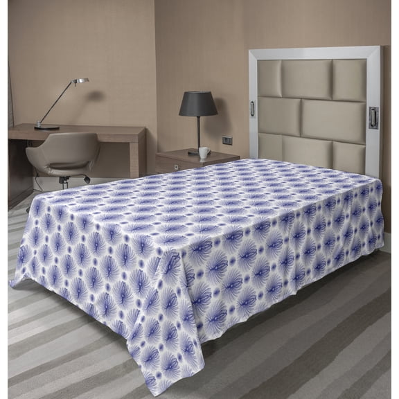 Abstract Flat Sheet, Continuous Pattern with Quirky Circular Feathers Motif Illustration, Soft Comfortable Top Sheet Decorative Bedding 1 Piece, 6 Sizes, Blue Violet and White, by Ambesonne