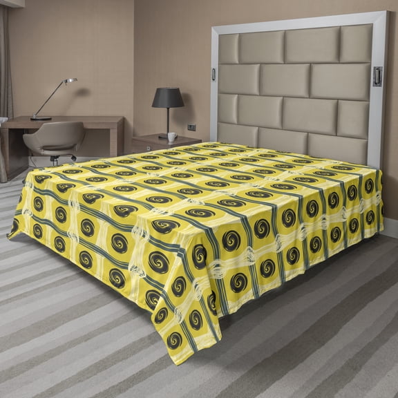 Abstract Flat Sheet, Continuous Sketch Style Spirals with Grids Illustration Pattern, Soft Comfortable Top Sheet Decorative Bedding 1 Piece, 6 Sizes, Mustard Grey Teal and Cream, by Ambesonne