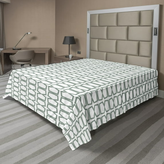 Abstract Flat Sheet, Continuous Squares Simplistically Arranged Motifs Print on Plain Backdrop, Soft Comfortable Top Sheet Decorative Bedding 1 Piece, 6 Sizes, White Laurel Green, by Ambesonne