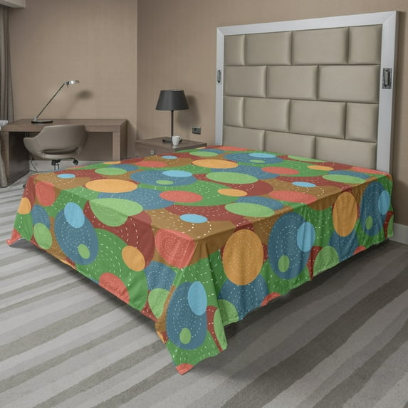 Abstract Flat Sheet, Creative Geometric Interlocking Dashed Circle Rounds in Various Tones Funny Theme, Soft Comfortable Top Sheet Decorative Bedding 1 Piece, 6 Sizes, Multicolor, by Ambesonne