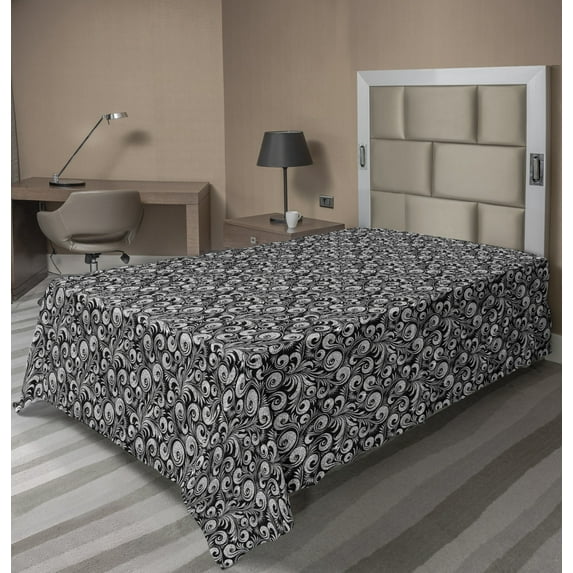 Ambesonne Abstract Flat Sheet, Botanical Leaves Curlicue, Twin Size, Charcoal Grey Pale Grey