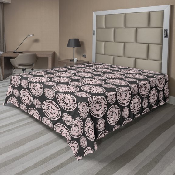 Abstract Flat Sheet, Doodle Style Circles Ornamental Random Scribbles Pattern Drawn by Hand, Soft Comfortable Top Sheet Decorative Bedding 1 Piece, 6 Sizes, Dark Grey and Blush, by Ambesonne