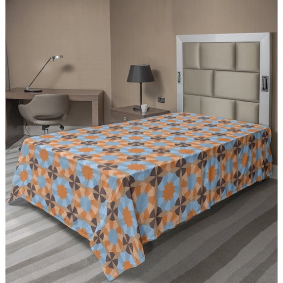 Abstract Flat Sheet, Exotic Design of Polygonal Retro Feels, Soft Comfortable Top Sheet Decorative Bedding 1 Piece, 6 Sizes, Almond Dark Peach Blue, by Ambesonne