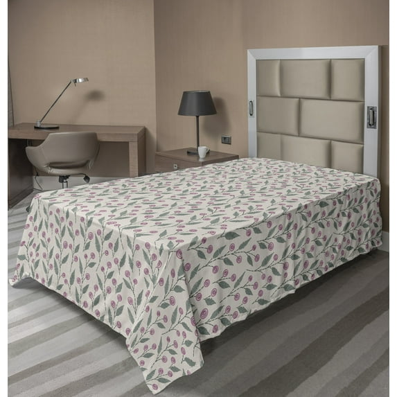 Abstract Flat Sheet, Folkloric Design Surreal Flowers Scribbles and Spirals Repetition Art, Soft Comfortable Top Sheet Decorative Bedding 1 Piece, 6 Sizes, Tan Pale Purple Green, by Ambesonne