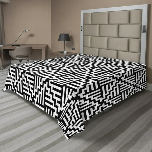 Ambesonne Abstract Flat Sheet, Bold Zigzags and Stripes, Queen Size, Charcoal Grey and White