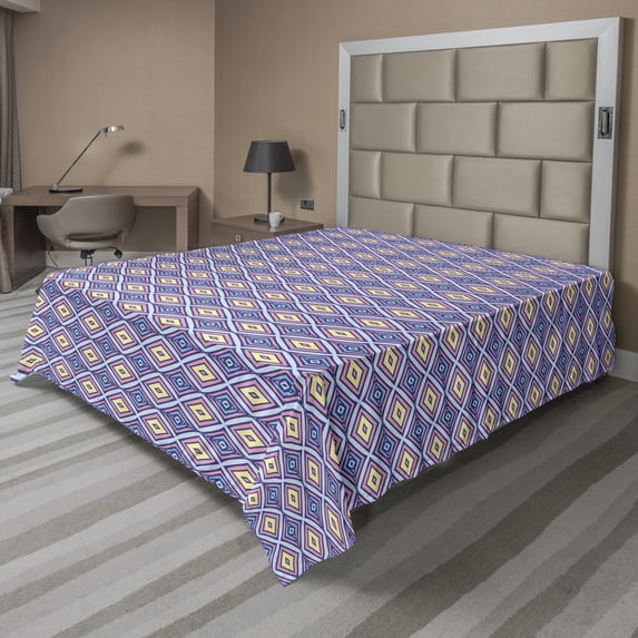Abstract Flat Sheet, Geometric Diamond Forms Pastel Peruvian Folk Art, Soft Comfortable Top Sheet Decorative Bedding 1 Piece, 6 Sizes, Lavender Blue Baby Pink, by Ambesonne