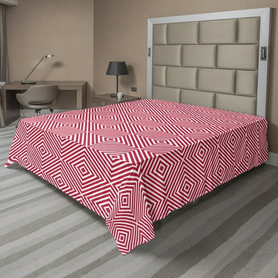 Abstract Flat Sheet, Geometric Linear Rhombuses Pattern with Psychedelic Effects Minimal Art, Soft Comfortable Top Sheet Decorative Bedding 1 Piece, 6 Sizes, Dark Pink and White, by Ambesonne