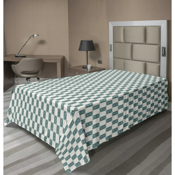 Abstract Flat Sheet, Geometric Motifs Irregular Ethnic Looking Shapes on a Plain Background, Soft Comfortable Top Sheet Decorative Bedding 1 Piece, 6 Sizes, Grey Teal and White, by Ambesonne