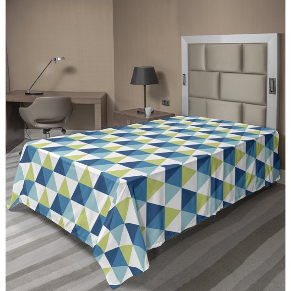 Abstract Flat Sheet, Geometric Triangles in Various Tones Isometric Rhombus Shapes, Soft Comfortable Top Sheet Decorative Bedding 1 Piece, 6 Sizes, Pale Green Petrol Blue, by Ambesonne