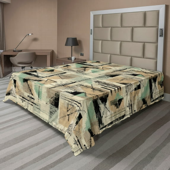 Ambesonne Abstract Flat Bedding Sheet Soft Top Sheet, Grunge Earth Tones Shapes, Queen, Sea Green Dark Khaki