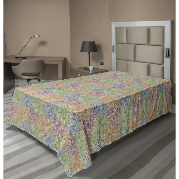 Ambesonne Abstract Flat Sheet, Curved Stripes Motifs, Twin Size, Multicolor