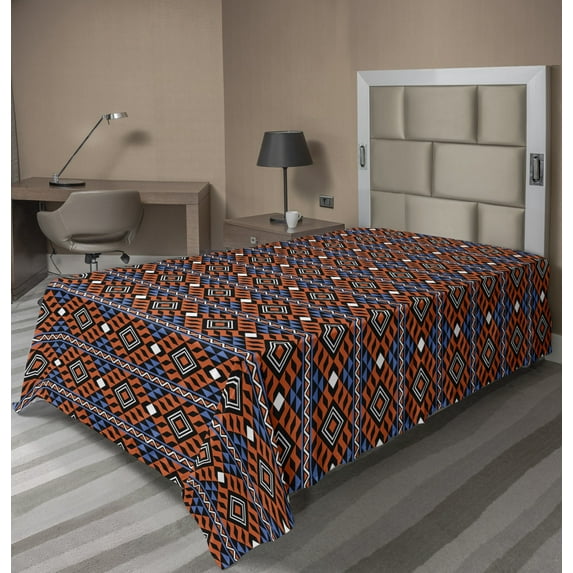 Ambesonne Abstract Flat Sheet, Tribal Geometric Motifs, Twin Size, Burnt Sienna Azure Blue