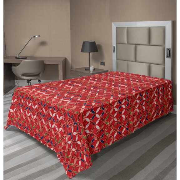 Ambesonne Abstract Flat Sheet, Japanese Flower Petals, Twin Size, Vermilion Multicolor