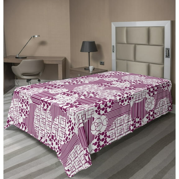 Ambesonne Abstract Flat Sheet, Circles Squares Stripes, TwinXL Size, Dark Magenta and White