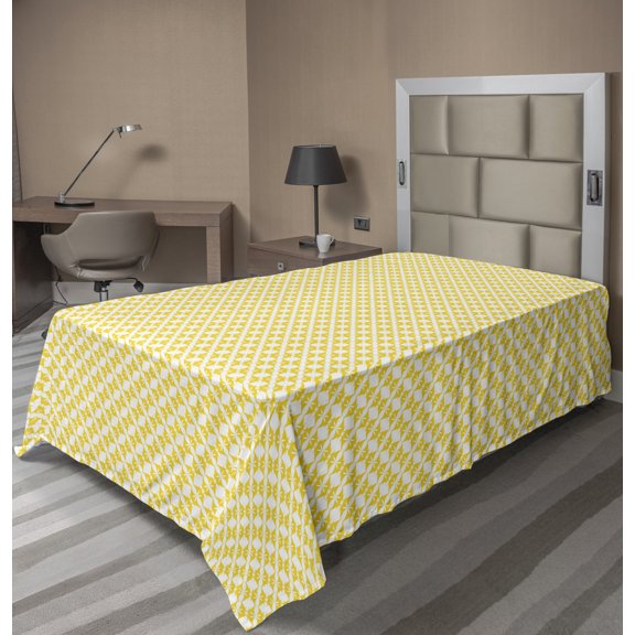 Abstract Flat Sheet, Monochrome Illustration Along Recurring Floral Shapes in Diagonal Design, Soft Comfortable Top Sheet Decorative Bedding 1 Piece, 6 Sizes, Yellow and White, by Ambesonne