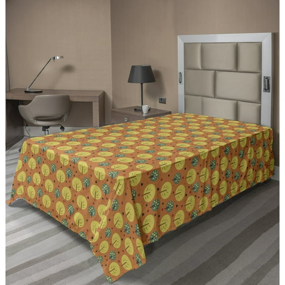 Abstract Flat Sheet, Natural Theme Hand Drawn Trees Along Triangles and Circles Motifs, Soft Comfortable Top Sheet Decorative Bedding 1 Piece, 6 Sizes, Multicolor Pale Vermilion, by Ambesonne