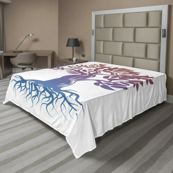 Abstract Flat Sheet, Ombre Tree Silhouette Roots Illustration Plain Background, Soft Comfortable Top Sheet Decorative Bedding 1 Piece, 6 Sizes, Pale Ruby Dark Ceil Blue, by Ambesonne