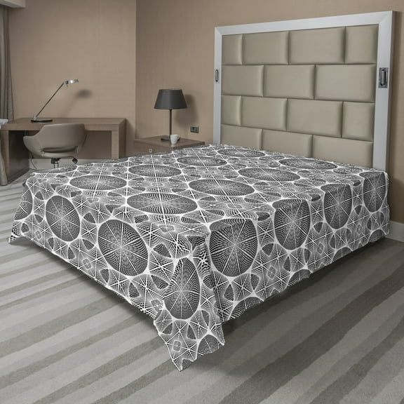Abstract Flat Sheet, Optical Illusion Art Repetitive Circular Monochromatic Ornaments Pattern, Soft Comfortable Top Sheet Decorative Bedding 1 Piece, 6 Sizes, Charcoal Grey White, by Ambesonne