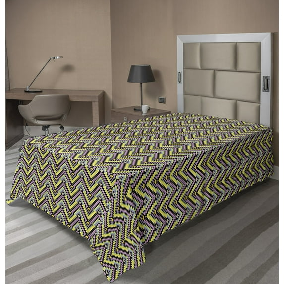 Abstract Flat Sheet, Oriental Artwork of Diamond Shaped Motifs Forming Colorful Zigzags, Soft Comfortable Top Sheet Decorative Bedding 1 Piece, 6 Sizes, Pastel Yellow Multicolor, by Ambesonne