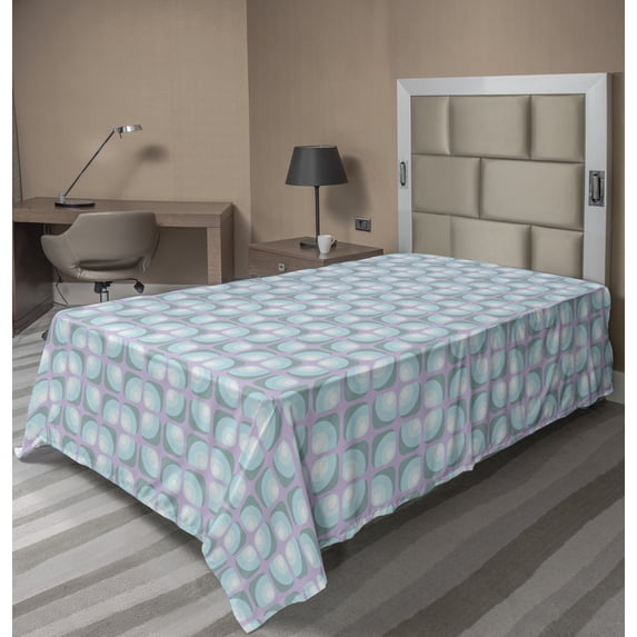 Ambesonne Abstract Flat Sheet, Rounded and Squared Motifs, Twin Size, Lilac and Blue Grey