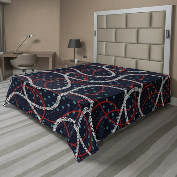 Ambesonne Abstract Flat Sheet, Polka Dots Shapes Graphic, King Size, Night Blue and Vermilion