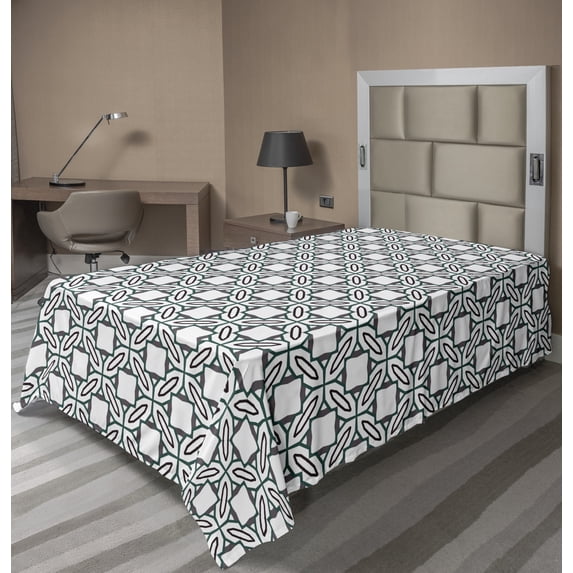Abstract Flat Sheet, Repeating Primitive Style Damask Design with Circles and Squares, Soft Comfortable Top Sheet Decorative Bedding 1 Piece, 6 Sizes, White Multicolor, by Ambesonne