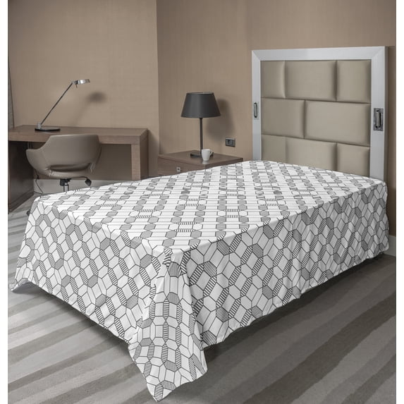 Ambesonne Abstract Flat Sheet, Geometrical Motifs Art, TwinXL Size, White and Charcoal Grey