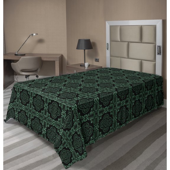 Abstract Flat Sheet, Repetitive Monochrome Leaves and Flowers Ornaments Illustration, Soft Comfortable Top Sheet Decorative Bedding 1 Piece, 6 Sizes, Charcoal Grey and Jade Green, by Ambesonne