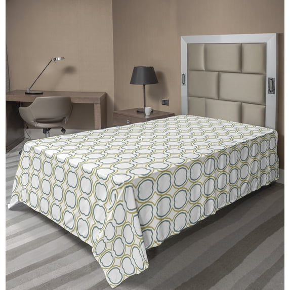 Abstract Flat Sheet, Repetitive Simplistic Ornaments Motif Pattern on Plain Backdrop, Soft Comfortable Top Sheet Decorative Bedding 1 Piece, 6 Sizes, White Khaki and Laurel Green, by Ambesonne