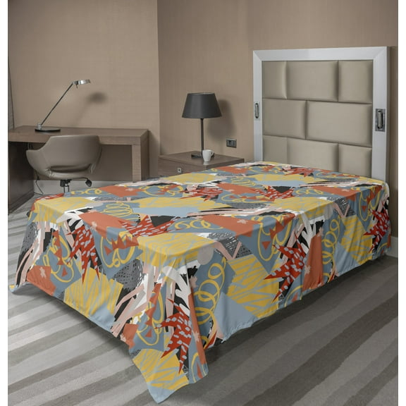 Abstract Flat Sheet, Retro Creative Grunge Style Sketchy Stripes Triangles Ripped Paper Effects, Soft Comfortable Top Sheet Decorative Bedding 1 Piece, 6 Sizes, Multicolor, by Ambesonne